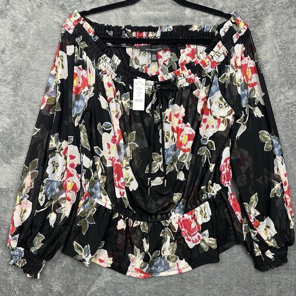 White House Black Market Tops - White‎ House Black Market Blouse Women's Large Sheer Ikat Floral Black Flowy NWT